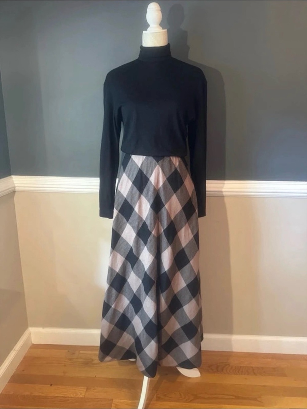 Adele Simpson Bergdorf Goodman LS Wool Dress Black with Plaid